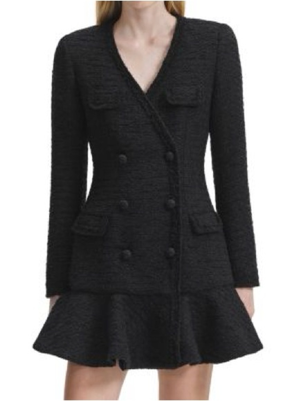 Self Portrait Boucle Knit Black Tweed Double Breasted Dress Size 4 $585